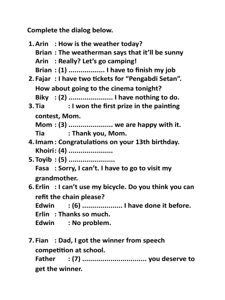 Complete Dialog (Inviting, Agreeing, Compliment, Congartulation) | PDF