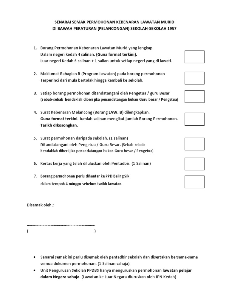 Senarai Semak Permohonan Kebenaran Lawatan Murid | PDF