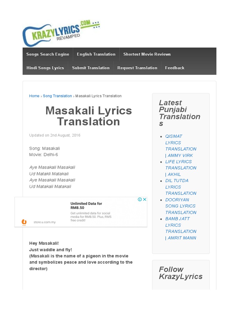 Masakali Lyrics Translation English Translations And Meaning Of Hindi Songs Pdf
