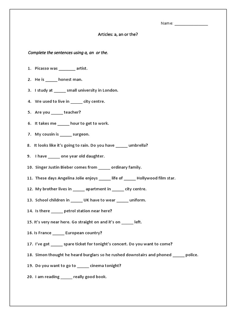 Articles Usage Worksheet | PDF | Linguistic Typology | Semiotics