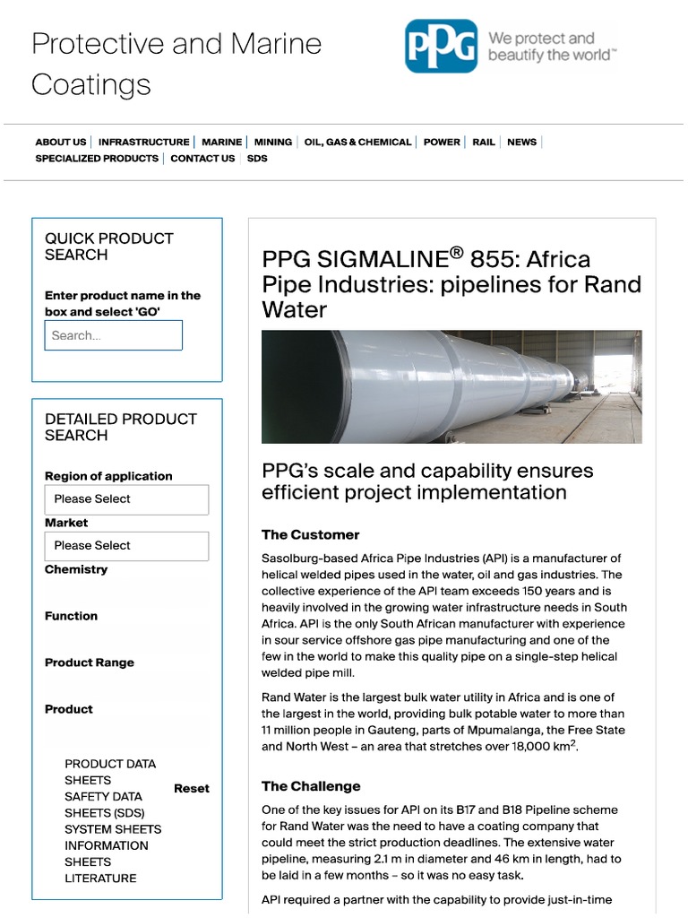 PPG SIGMALINE® 855 Africa Pipe Industries Pipelines For Rand Water