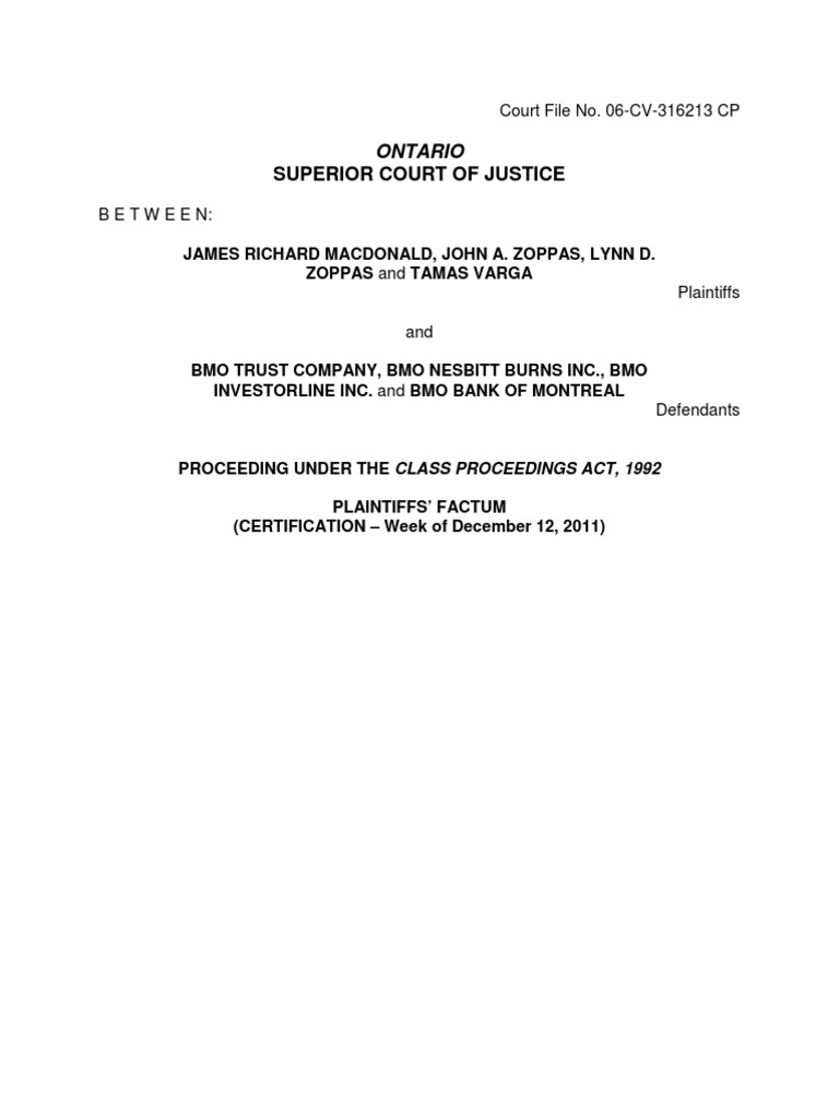Macdonald V Bmo Trust Company Certification Factum Trust Law