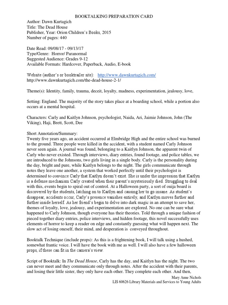 Book Talk Preparation Cards | PDF | Ghosts | Horror Films