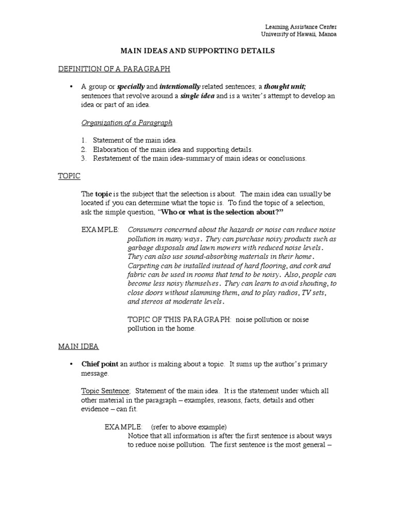 Topic Main Idea And Supporting Details Examples