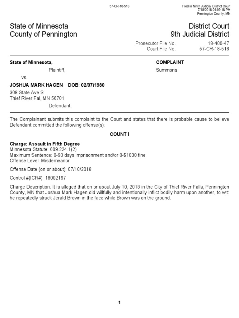 Thief River Falls Charges PDF Arrest Summons