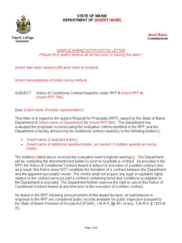 sample award notification lettr Request For Proposal Virtue Free