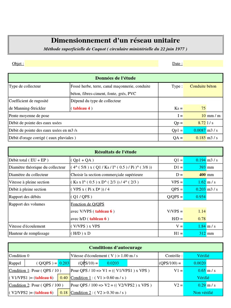 Note De Calcul Gestion Des Eaux Pluviales Xls Dimensionnement D'un Réseau Unitaire (Excel) | PDF | Ingénierie civile |  Génie chimique