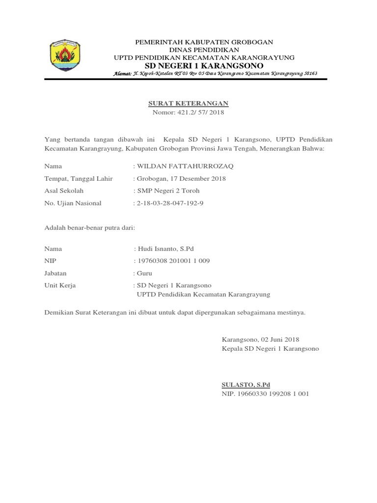 Surat Keterangan Anak Guru