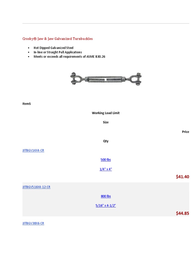 Crosby® Jaw & Jaw Galvanized Turnbuckles PDF Galvanization Metals