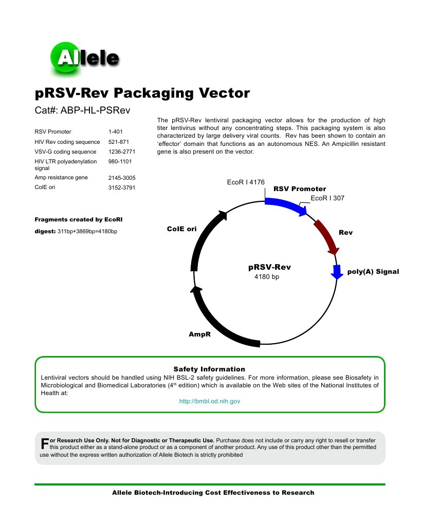 pRSV-Rev Lentiviral Packaging Vector | PDF | Viral Vector | Molecular ...