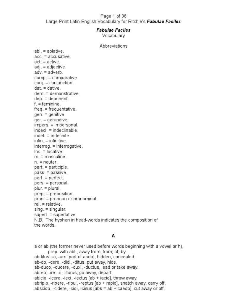 Latin-English Vocabulary (Large Print) For Ritchie's Fabulae Faciles ...
