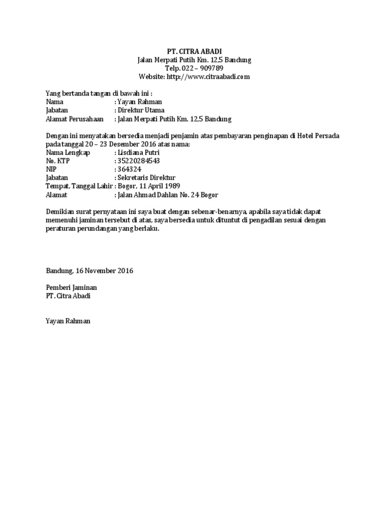 Contoh Surat Jaminan Pembayaran Hotel Perusahaan