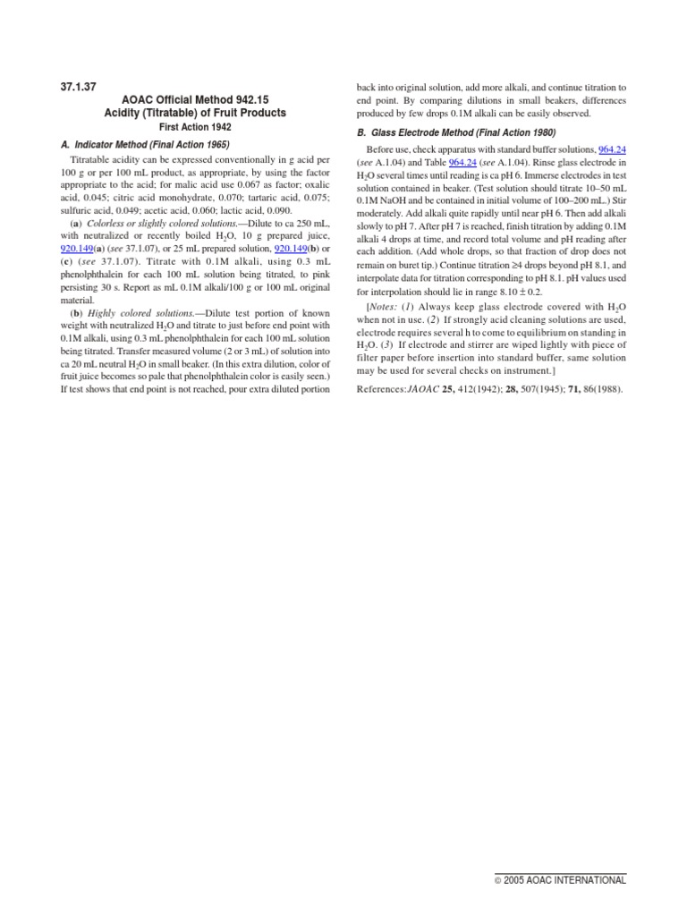 AOAC Method for Titratable Acidity | PDF | Ph | Titration