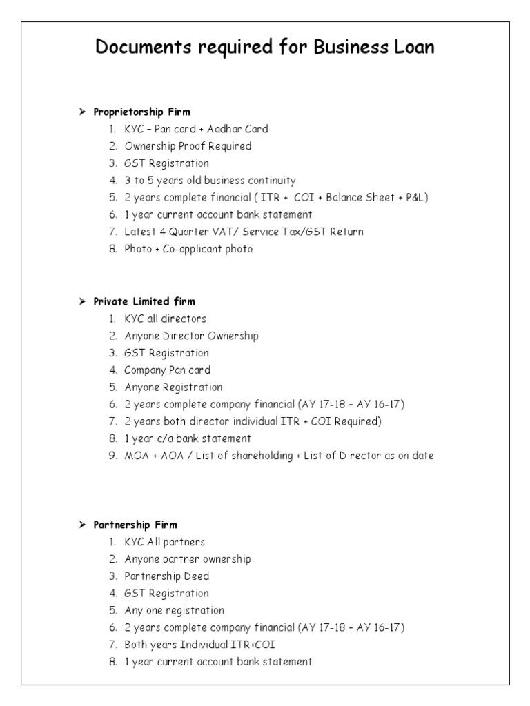 Documents Required For Business Loan PDF