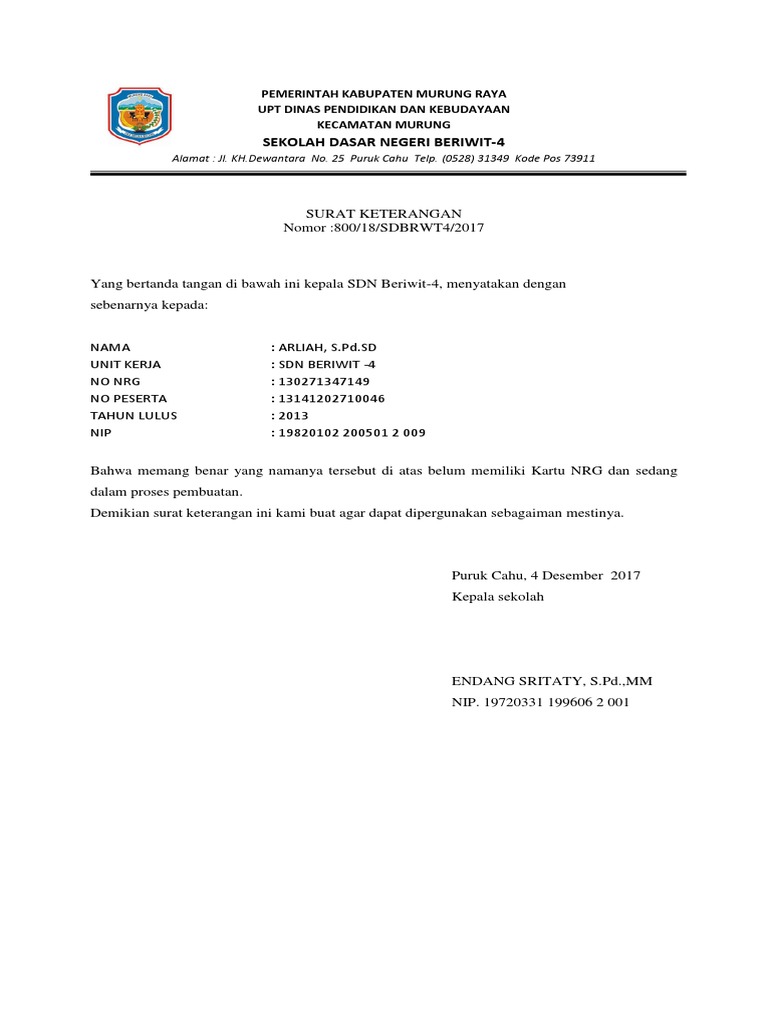 Keterangan Kartu Nrg