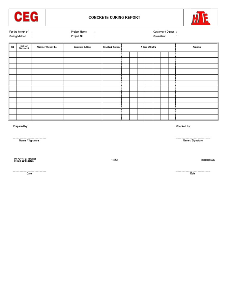 Concrete Curing Report Template | PDF