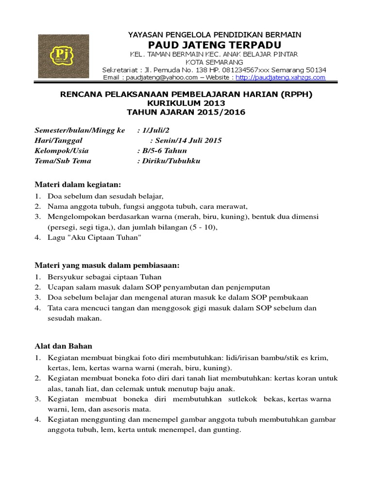 1 Rpph Paud Tema Diri Sendiri Kurikulum 2013