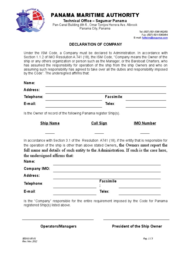 Panama Maritime Authority Declaration Form | PDF | Fax | Panama