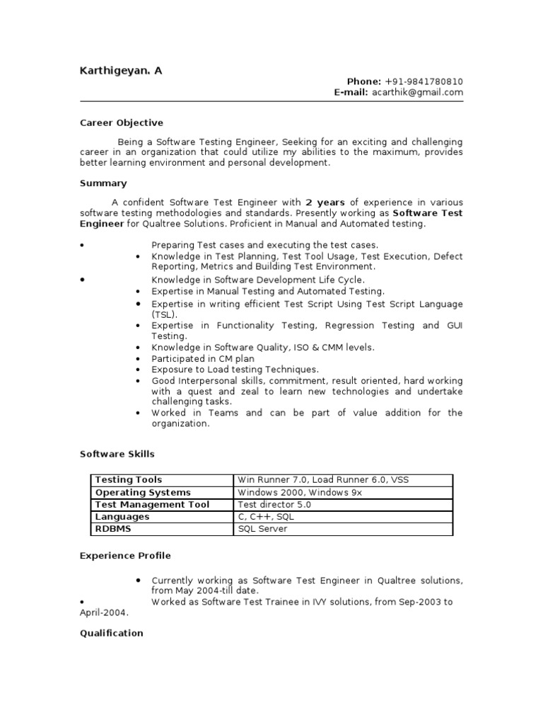 Software Test Engineer Profile | PDF | Software Testing | Patient