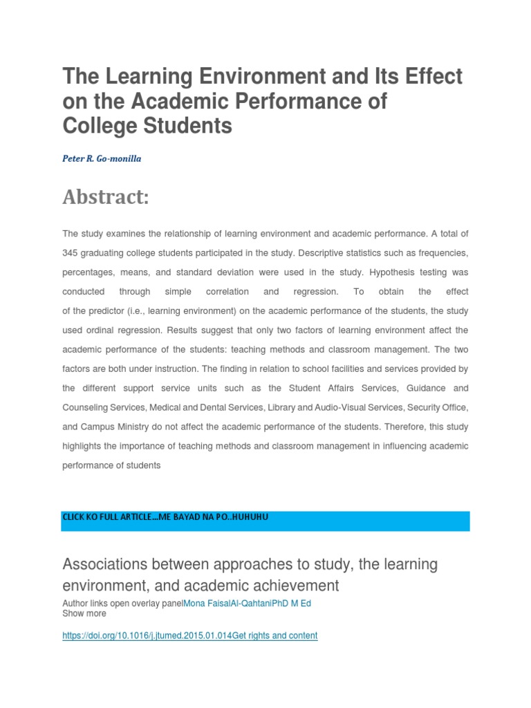 Learning Environment's Impact on College Performance | PDF | Teachers ...
