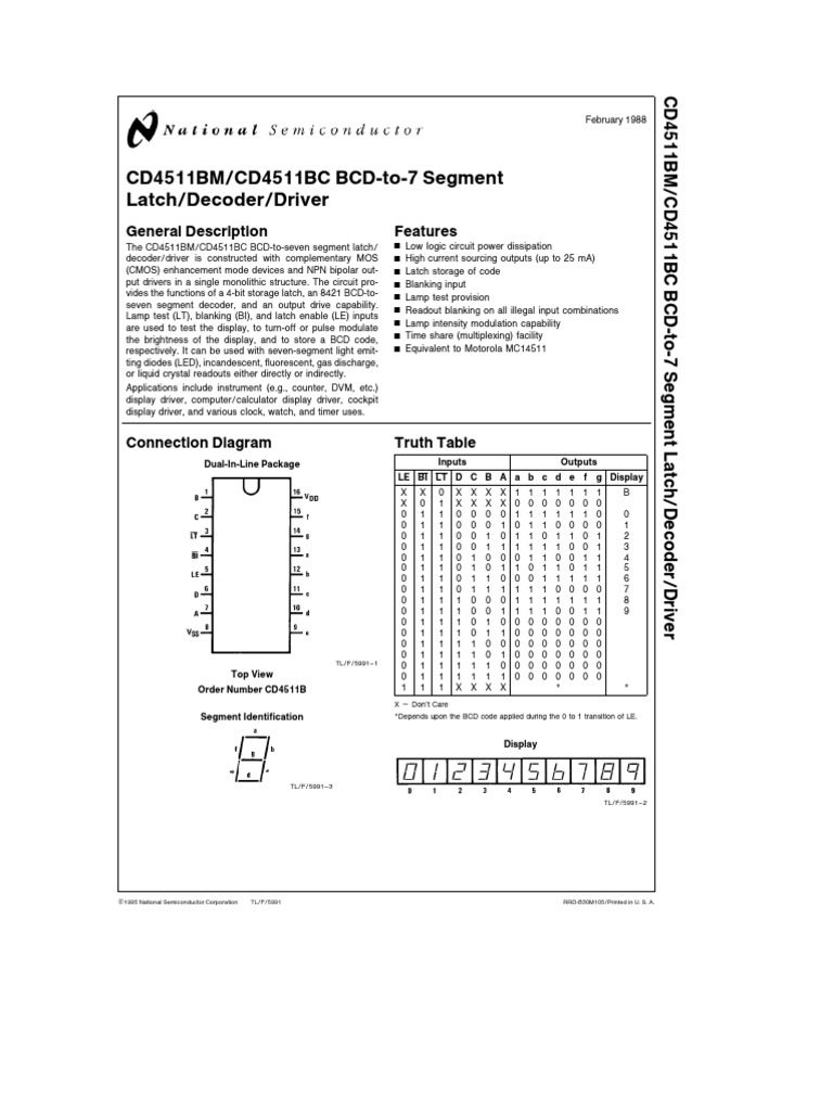 CD4511 BCD To 7-Segment Decoder | PDF | Cmos | Light Emitting Diode