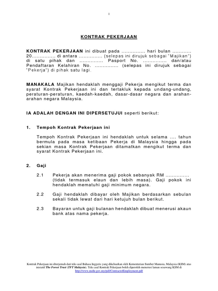 Annex C Employment Contract Issued By Mohr Translated To Bm Pdf