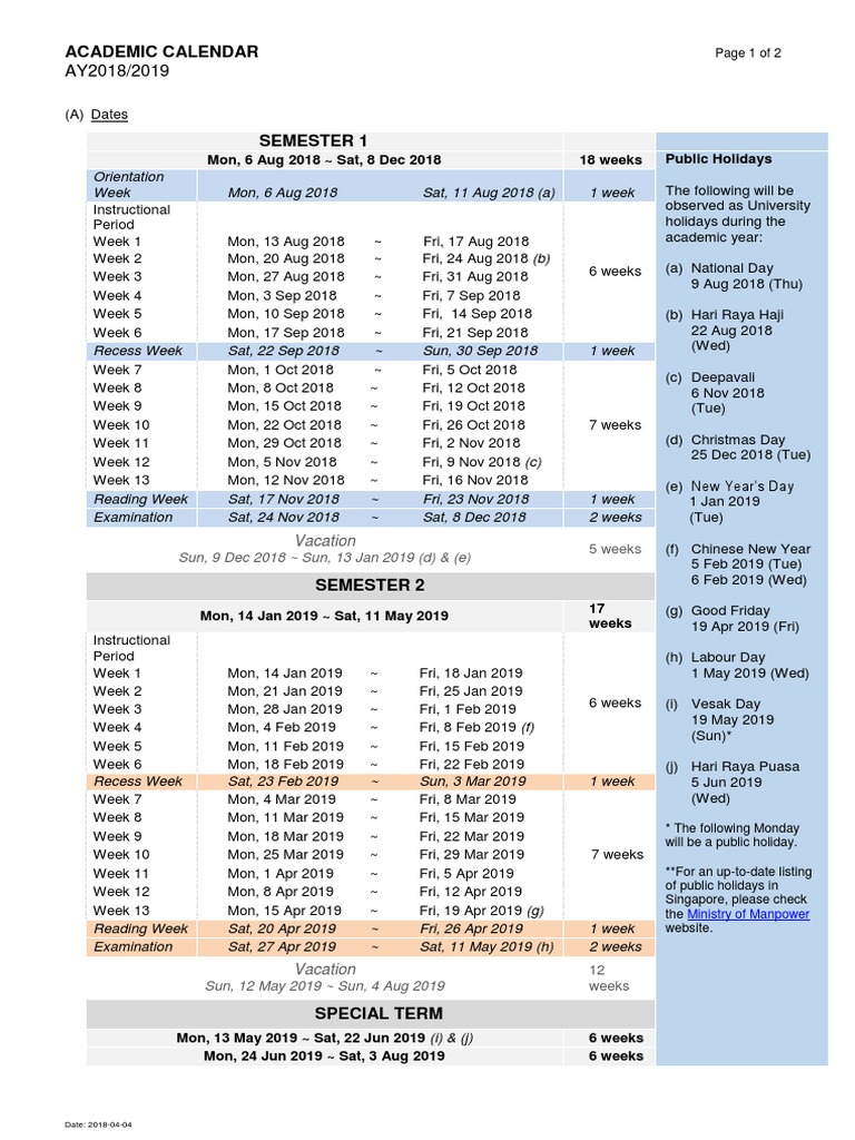 Academic Calendar for Academic Year 2018/2019 at [University Name