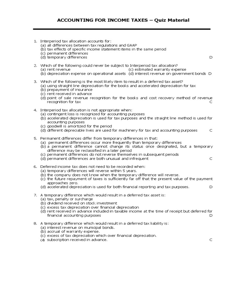 Income Tax Accounting Quiz Material | PDF | Deferred Tax | Depreciation