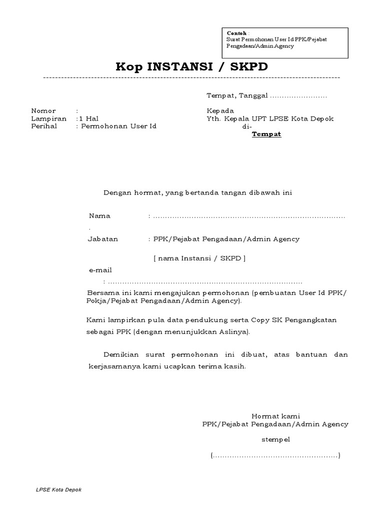 Form Permohonan User Id Ppk Pejabat Pengadaan Admin Agency