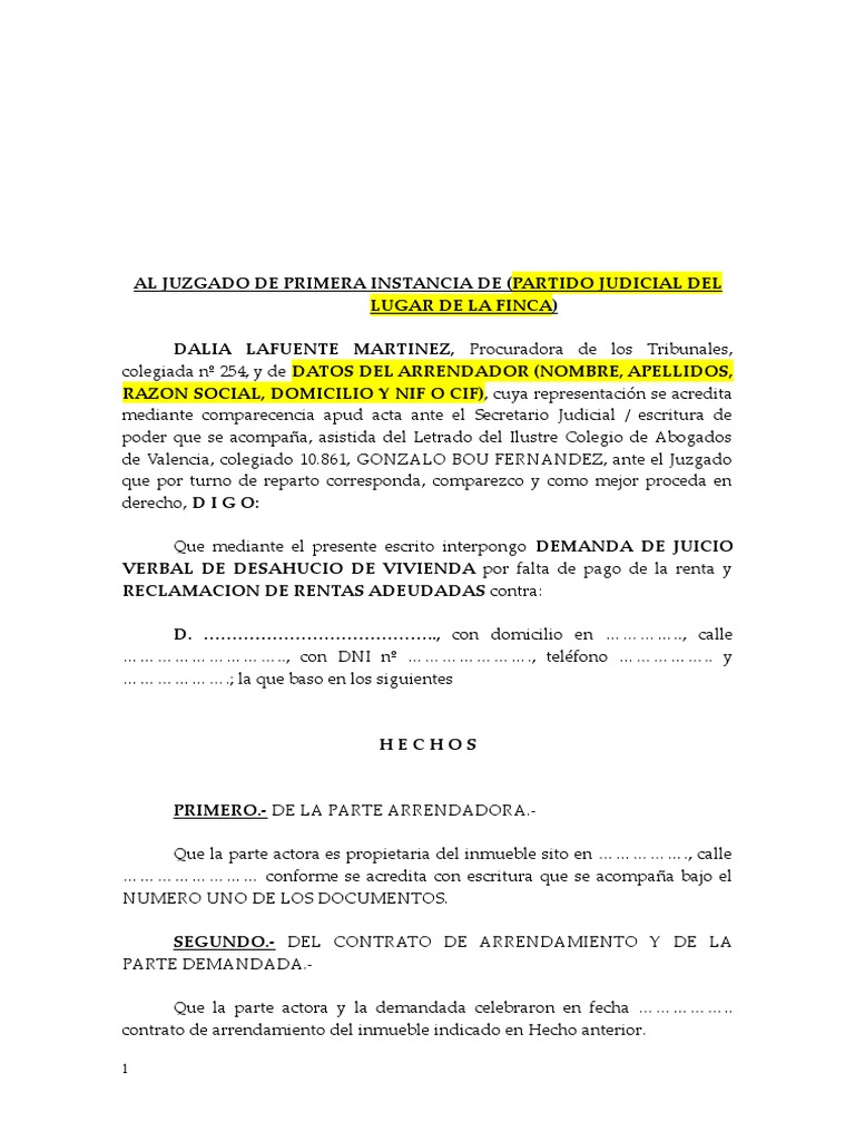 Modelo De Demanda De Desahucio Por Falta De Pago Desalojo