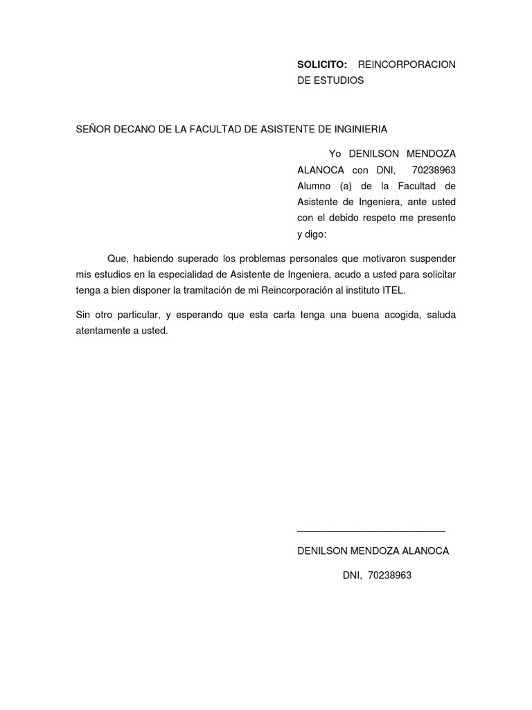 Carta de reincorporación de estudios