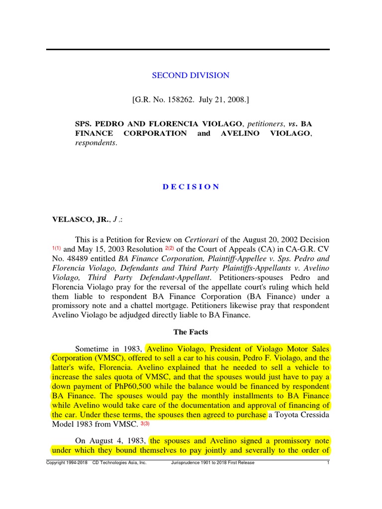 5 Spouses Violago v. BA Finance Holder in Due Course PDF