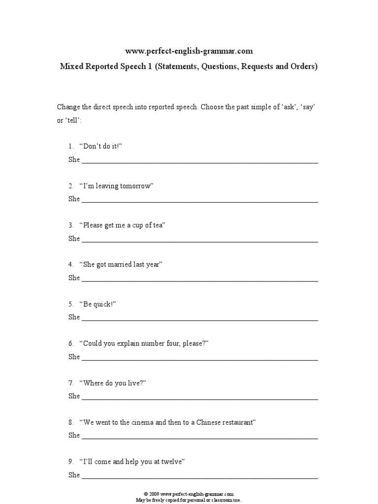 Reported Speech Mixed Exercise 1