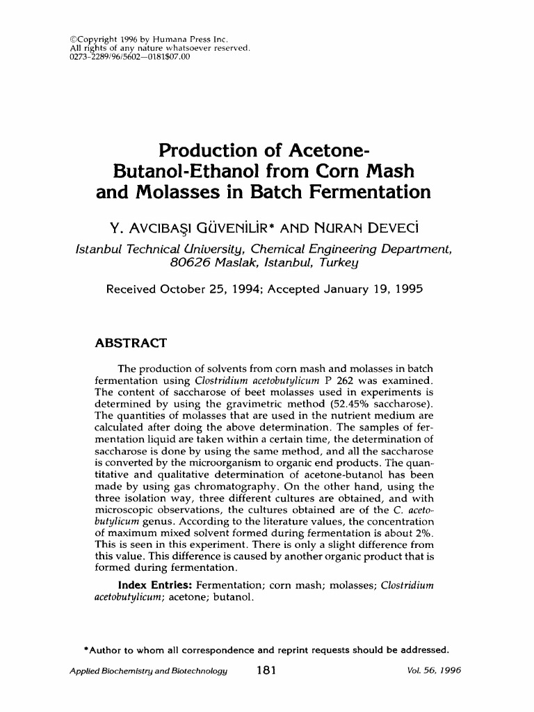Article 3. Production of Acetone Butanol Ethanol From Corn Mash and