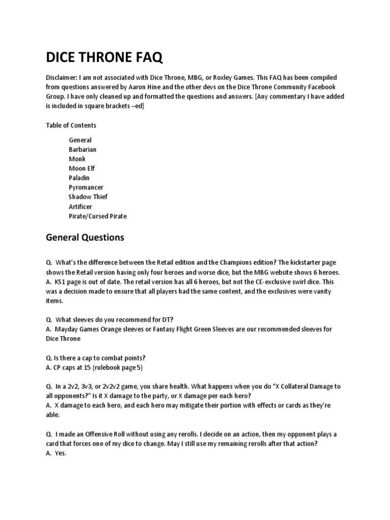 Dice Throne Faq PDF Leisure