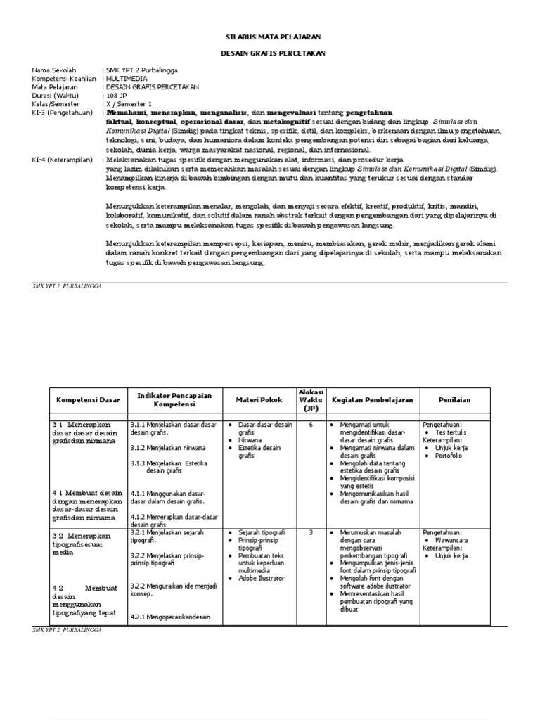  SILABUS  Desain  Grafis  Percetakan  Semester 1