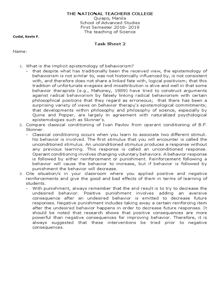 Task Sheet Behaviorism | PDF | Behaviorism | Reinforcement