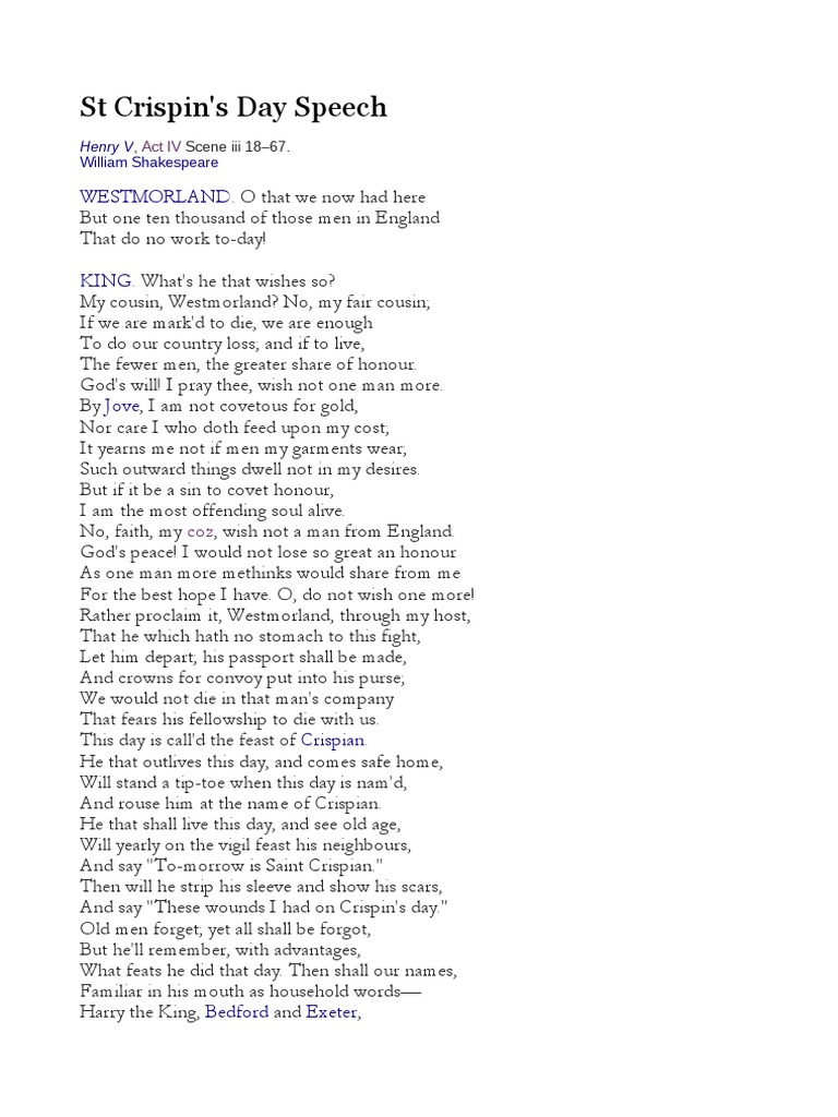 Saint Crispin S Day Speech Shakespeare Pdf