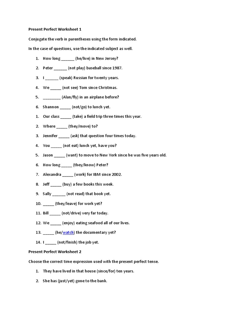 Present Perfect Tense Worksheets | PDF | Grammar