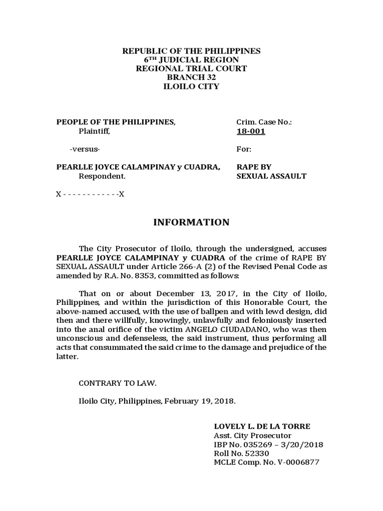 Criminal Information: Rape Case in Iloilo | PDF | Prosecutor | Sexual ...
