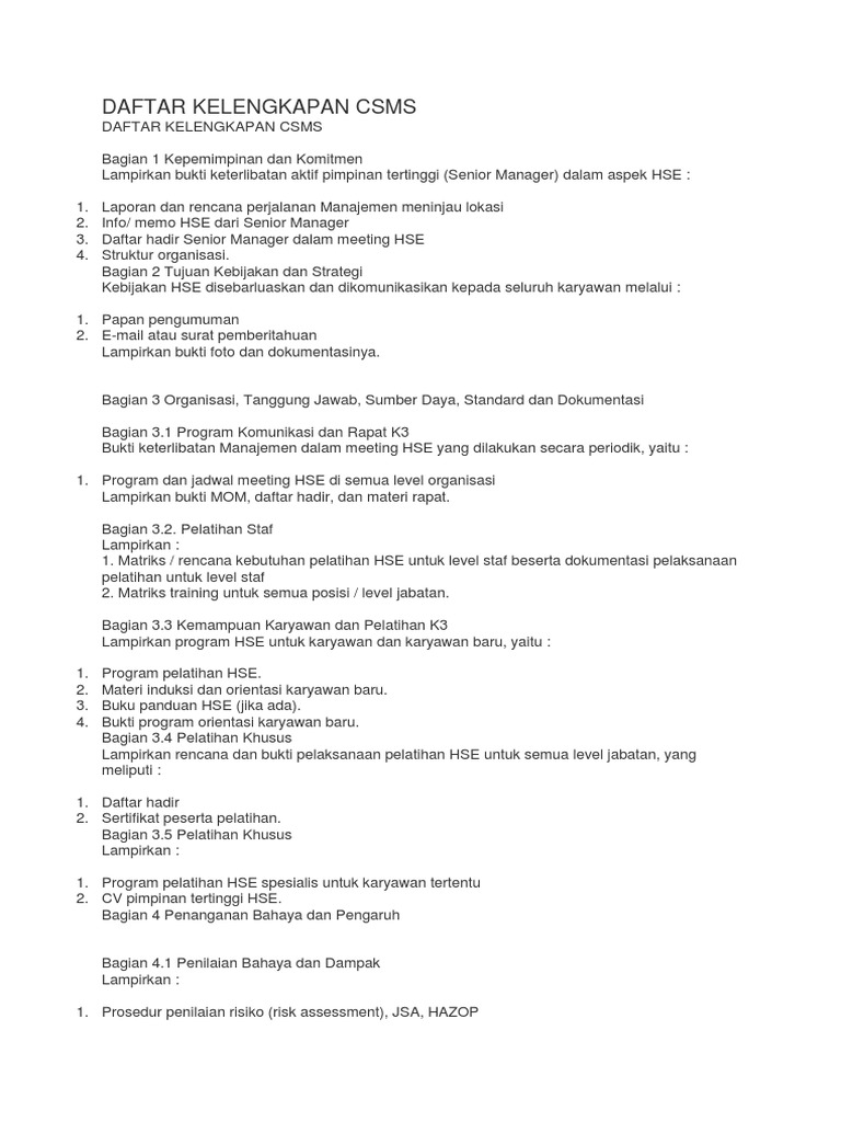 Daftar Kelengkapan CSMS | PDF