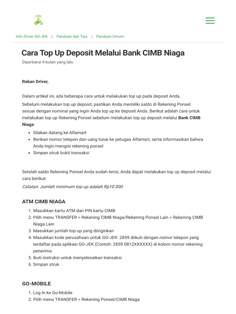 Cara Top Up Deposit Melalui Bank Cimb Niaga - Info Driver Go-Jek | Pdf