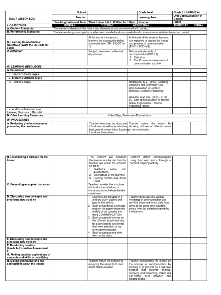 DLL Oral Communication PDF Teachers Concept