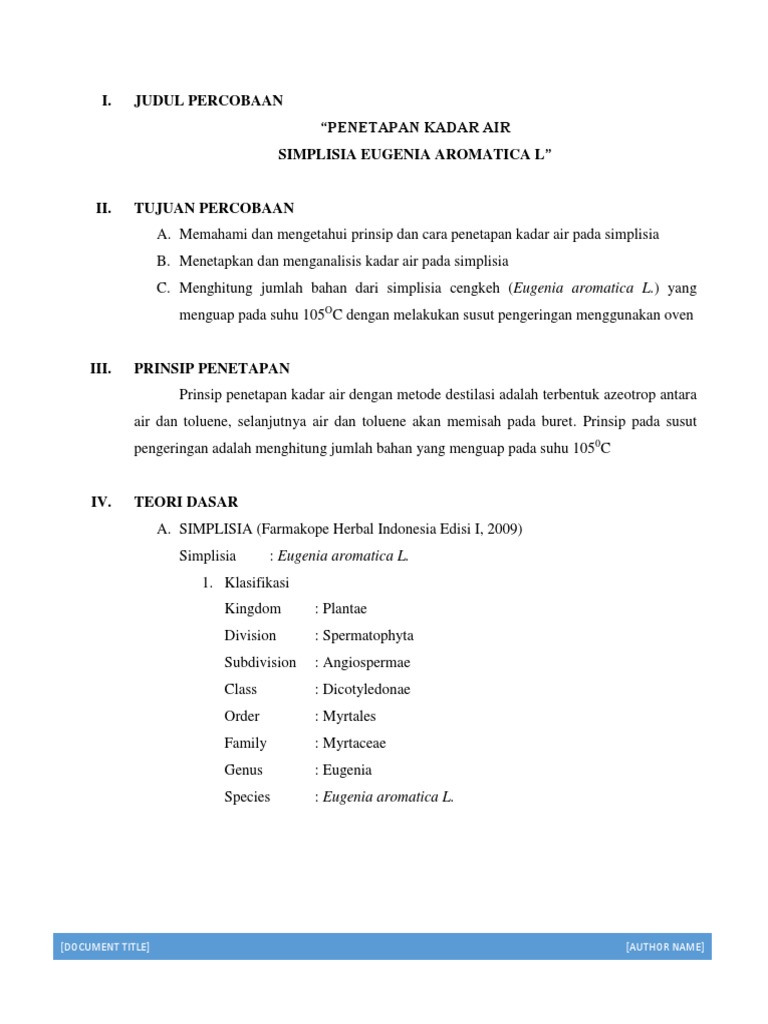 Iv Penetapan Kadar Air Laporan Resmi Kontrol Kualitas Bahan Alam Pengujian Mutu Kemurnian Serbuk Simplisia