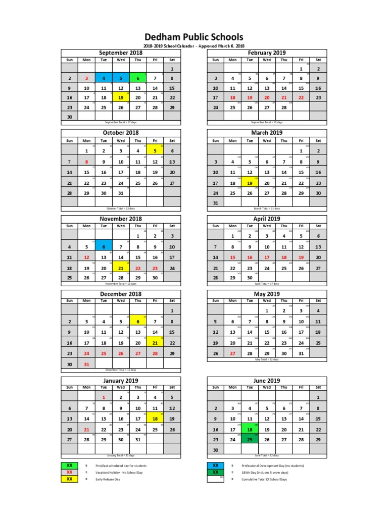 201819 Dedham School Year Calendar Holidays