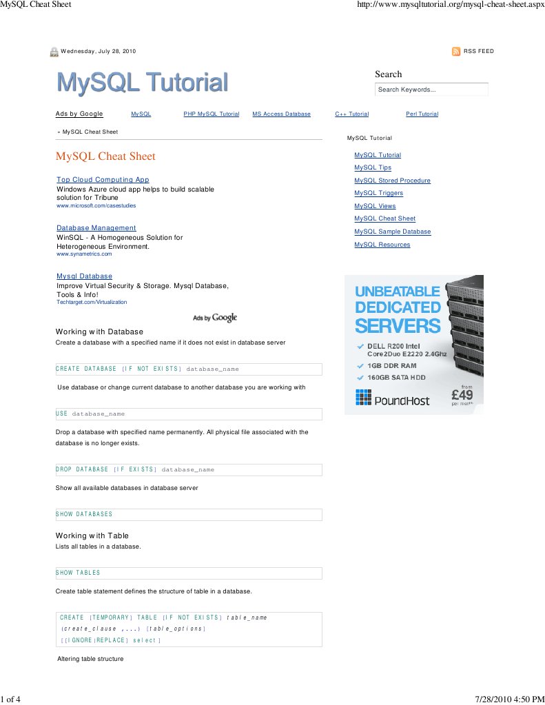 MySQL Cheat Sheet | Database Index | My Sql