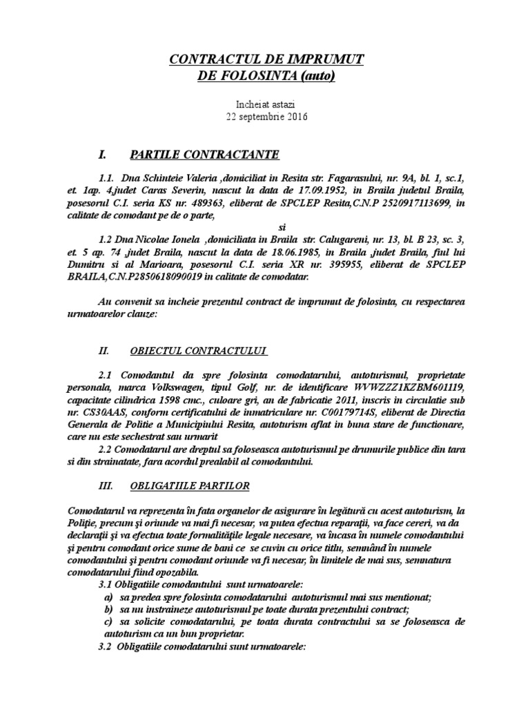 Contract de Comodat Auto | PDF