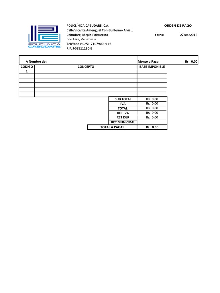 Modelo de Orden de Pago para Imprimir | PDF