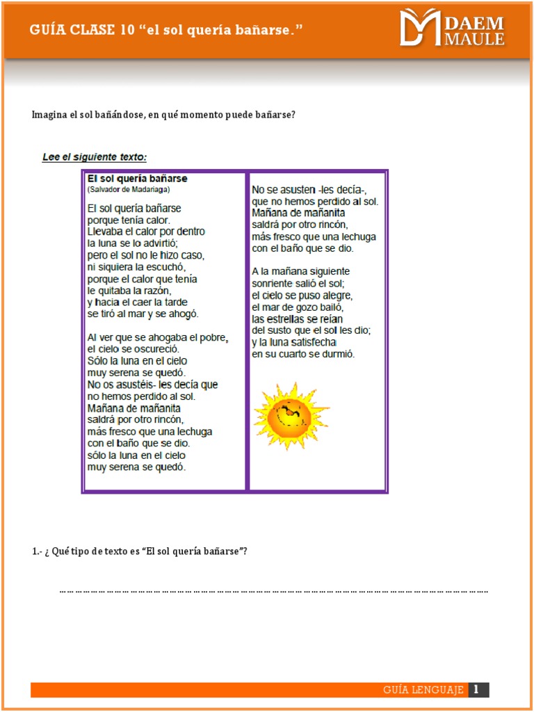 GUIA Clase 10 El Sol Queria Bañarse | PDF | Libros para adolescentes