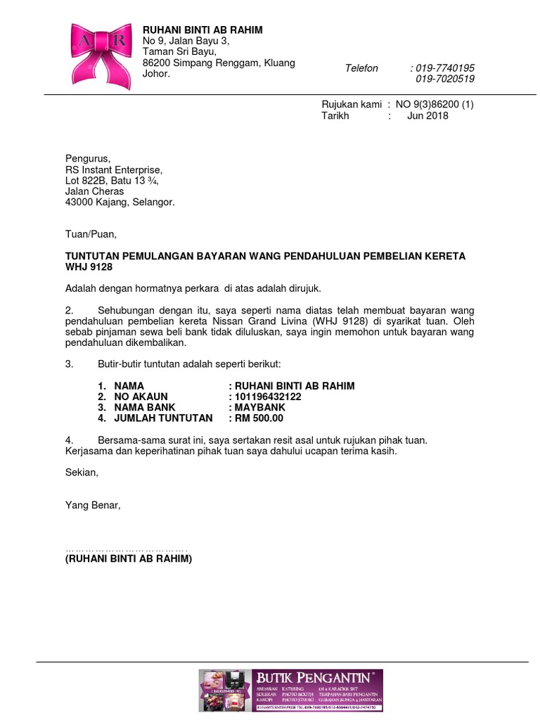 Contoh Surat Permohonan Refund Duit Dari Bank